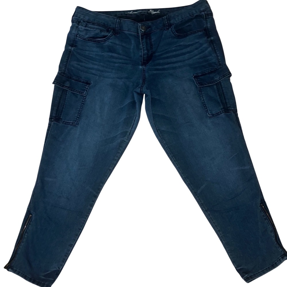 Y2K American Eagle Cargo Skinny Jeans Blue Dark Wash Ankle Zip Women Size 14 - Picture 3 of 16